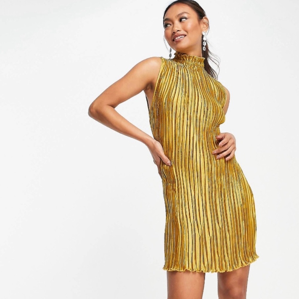 Gold high neck plisse mini dress